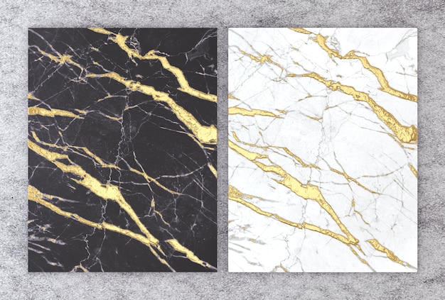 Rendering 3D di marmo bianco e nero con lamina d'oro.