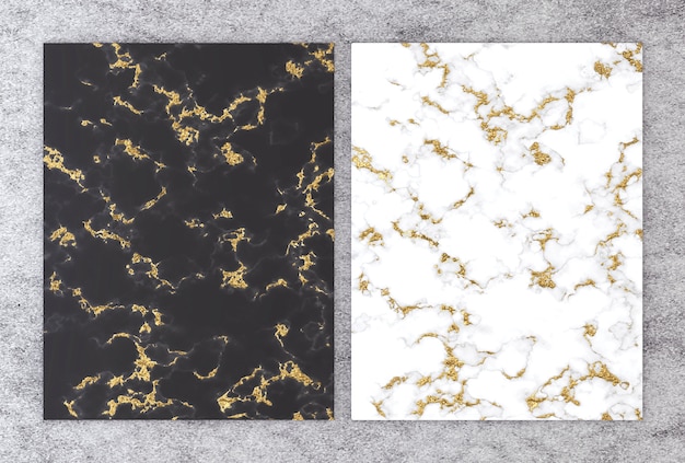 Rendering 3D di marmo bianco e nero con lamina d'oro.