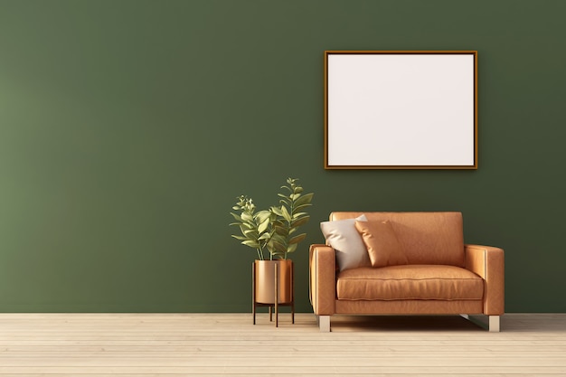 Rendering 3D di mock up Interior design per soggiorno su parete verde