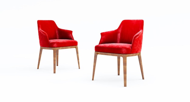 Rendering 3D di moderne poltrone rosse isolate su sfondo bianco, sedia arancione con gambe in legno