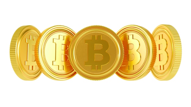 Rendering 3D di monete bitcoin dorate isolate su sfondo bianco Set 3D di monete d'oro Bitcoin