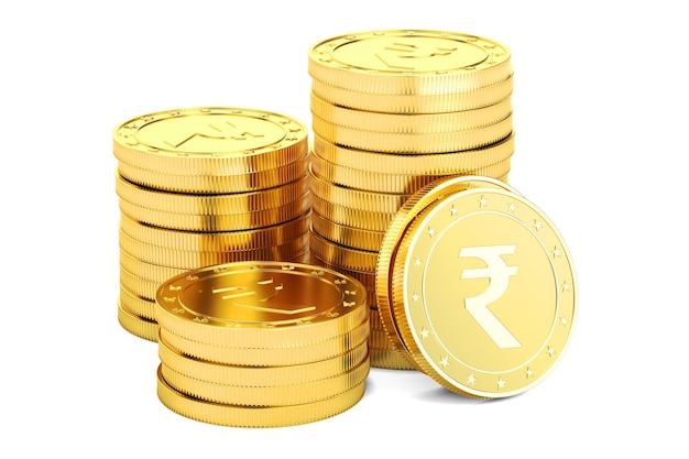 Rendering 3D di monete d'oro in rupia