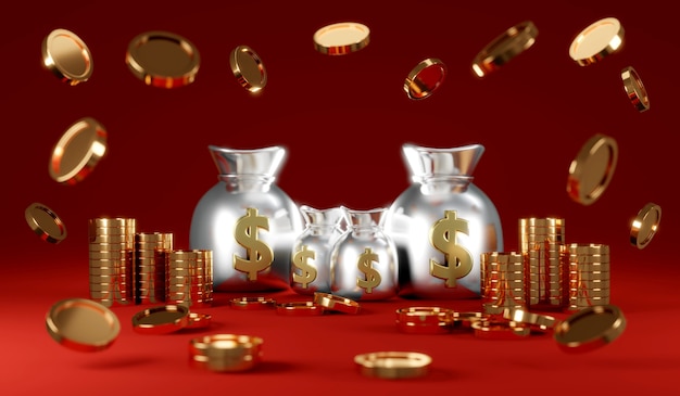 Rendering 3D di monete da pioggia con sacchi di denaro con monete sfocate in primo piano su sfondo rosso