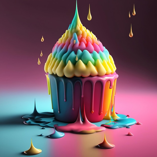 Rendering 3D di multi cupcake colorato morbido colfi che si scioglie con l'acqua