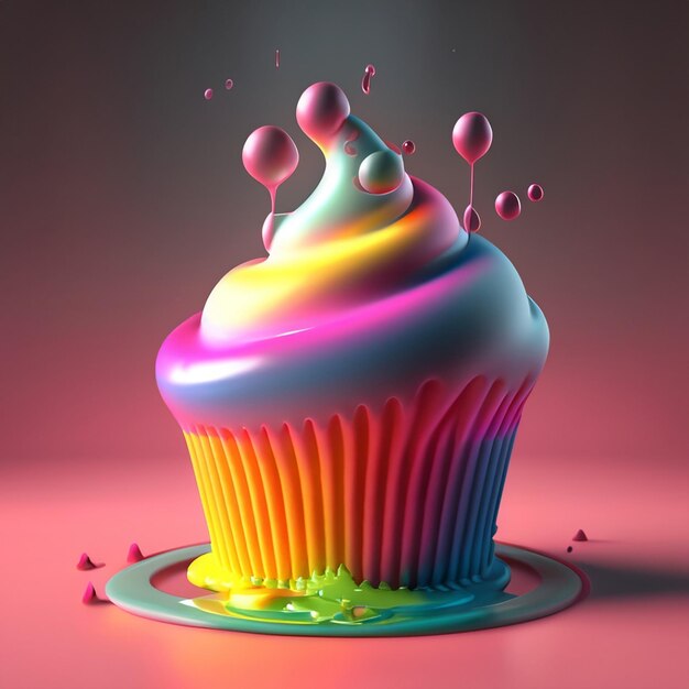 Rendering 3D di multi cupcake colorato morbido colfi che si scioglie con l'acqua