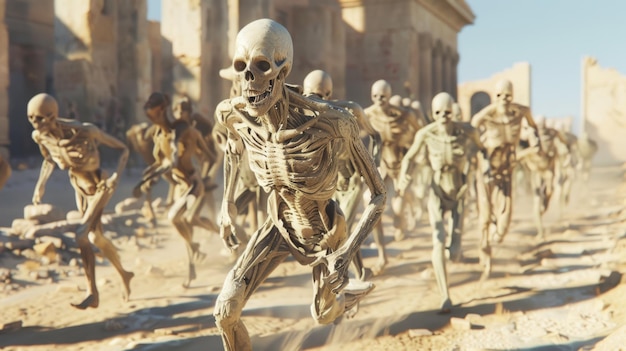 Rendering 3D di mummie che corrono una maratona in Egitto