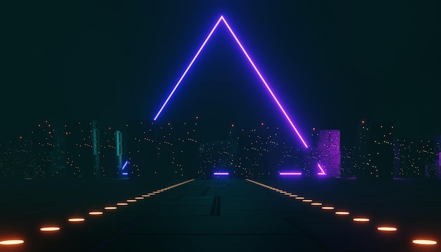 Rendering 3d di neon e luce che si illumina su una scena oscura Concetto di città notturna cyber punk Vita notturna Rete tecnologica per 5g Oltre la generazione e la scena futuristica Tema del modello di fantascienza