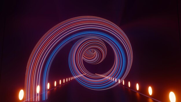 Rendering 3d di neon flash e luce che si illumina su una scena oscura Tunnel di luce veloce attraverso la città o l'urbano Tecnologia Internet della rete futura Fantascienza dell'iperspazio viaggi interstellari