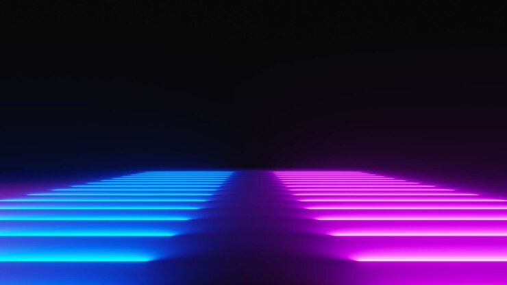 Rendering 3d di neon flash e luce che si illumina su una scena scura Linee di movimento della luce di velocità