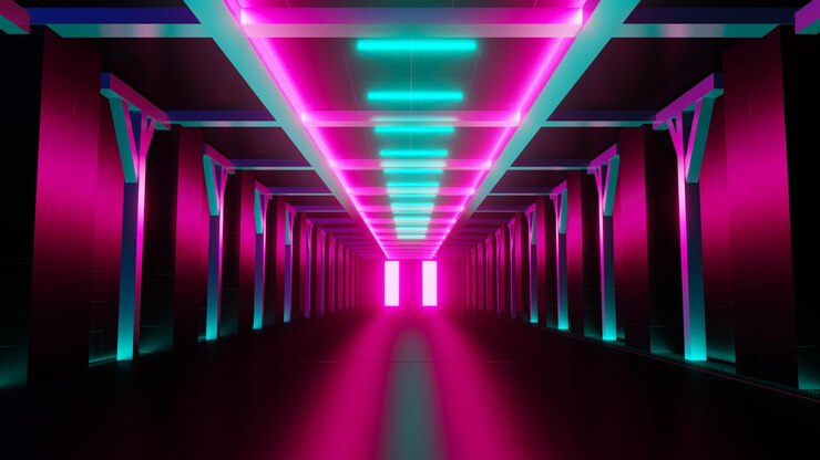 Rendering 3d di neon flash e luce che si illumina su una scena scura Linee di movimento della luce di velocità