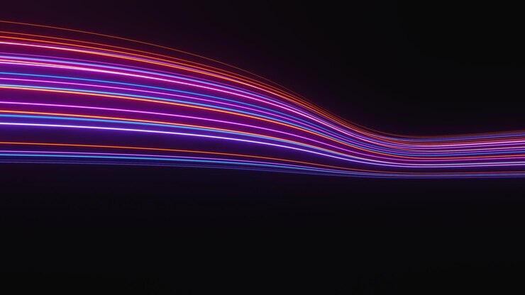 Rendering 3d di neon flash e luce che si illumina su una scena scura Linee di movimento della luce di velocità
