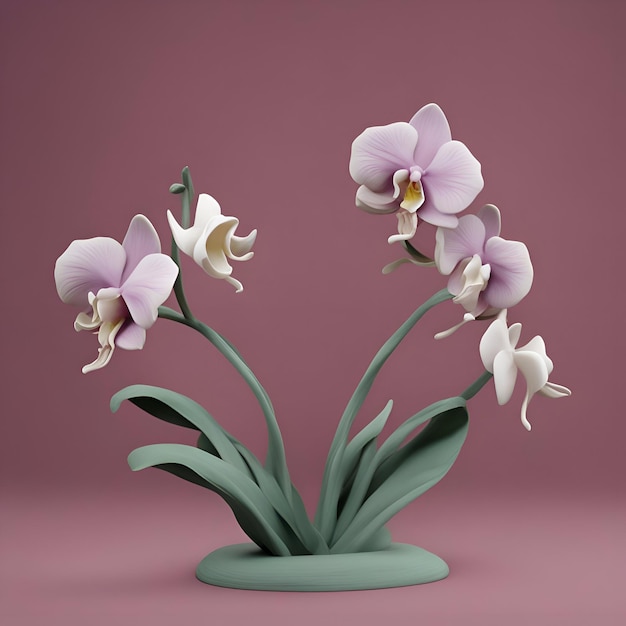 Rendering 3D di orchidee bianche e viola in vaso