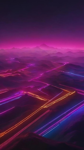 Rendering 3D di paesaggio retro futuristico luce al neon sullo sfondo buio