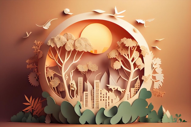 Rendering 3d di paesaggio tagliato di carta con alberi lunari e animali un concetto di ecologia