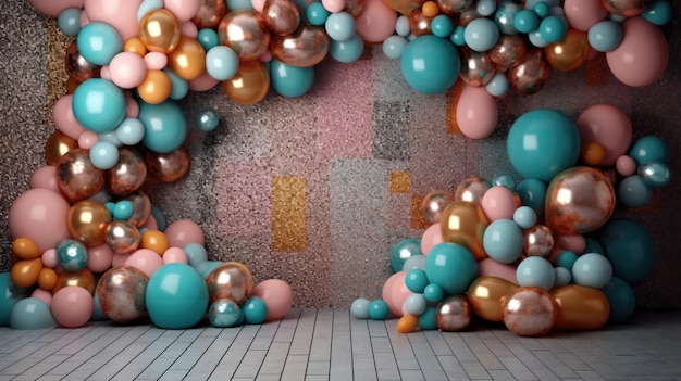 Rendering 3D di palloncini colorati in una stanza con parete di cemento