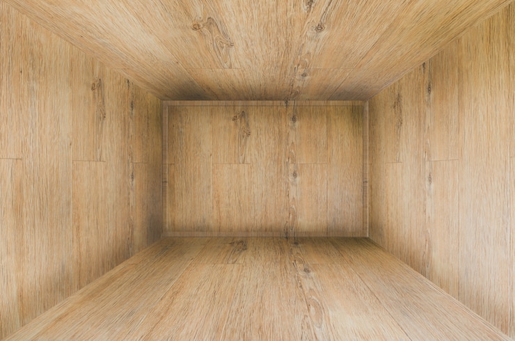 Foto rendering 3d di pareti in legno e pavimento in legno. sfondo camera 3d.