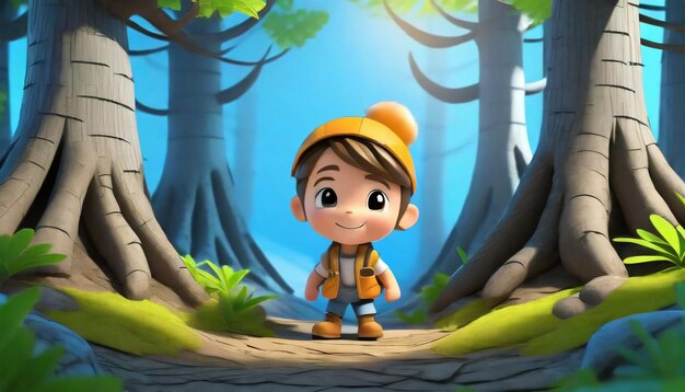 Rendering 3D di personaggi dei cartoni animati che esplorano come la foresta