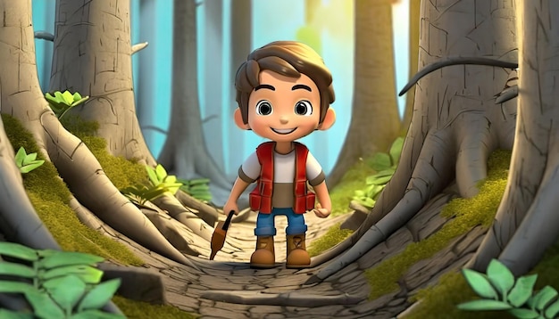 Rendering 3D di personaggi dei cartoni animati che esplorano come la foresta