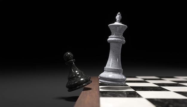 Rendering 3D di pezzi degli scacchi sulla scacchiera Il re bianco fa cadere la pedina nera dalla scacchiera Concetto di business