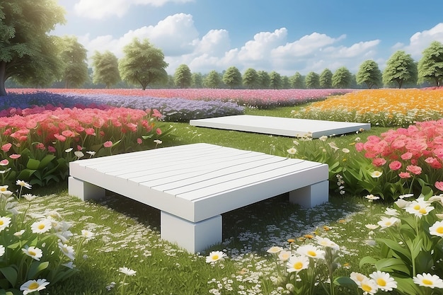 Rendering 3D di piattaforma bianca nel campo dei fiori