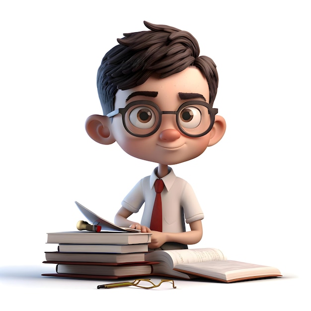 Rendering 3D di piccolo uomo d'affari con libro e occhiali