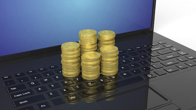 Rendering 3D di pile Bitcoin dorate sulla tastiera del laptop