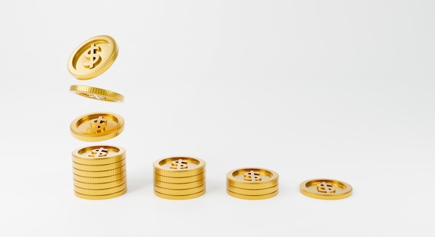 Rendering 3D di pile di monete che cadono