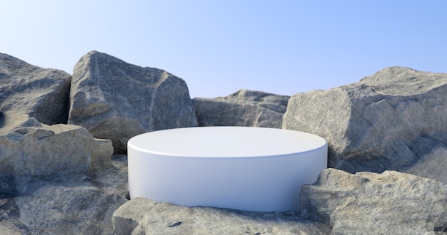 Rendering 3D di podio bianco e pietra