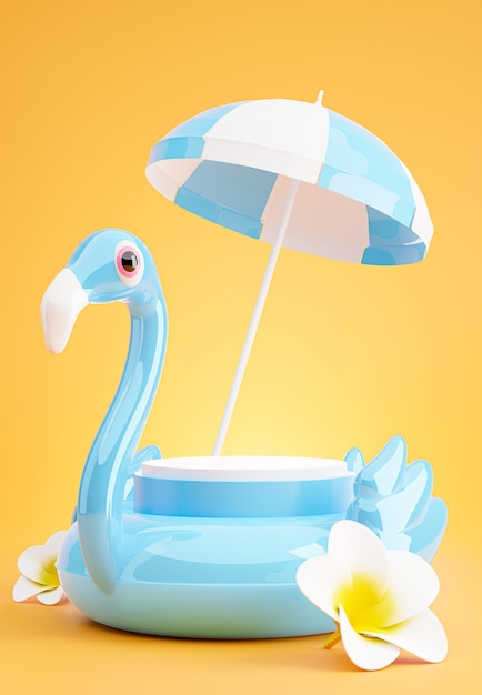 Rendering 3D di podio blu con spiaggia estiva, spiaggia ombrellone, plumeria, concetto di fenicottero blu gonfiabile per l'esposizione del prodotto