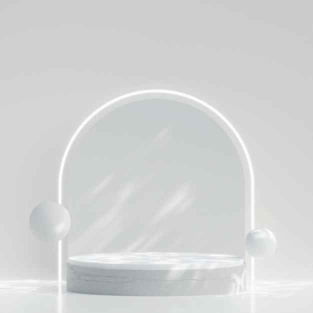 Rendering 3d di podio circolare o piedistallo con luce bianca su sfondo bianco per la visualizzazione del prodotto