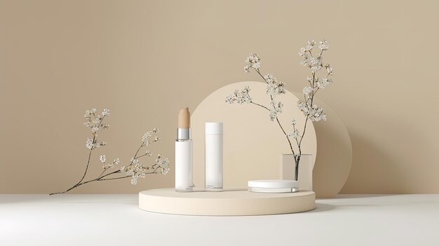 Rendering 3D di podio di esposizione di prodotti cosmetici con fiori bianchi in stile minimale