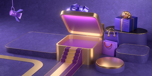 Rendering 3D di podio e confezione regalo.