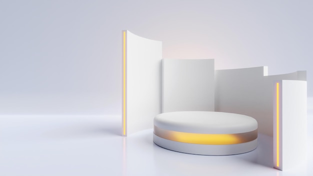 Rendering 3D di podio o piedistallo con luce incandescente in bianco per la visualizzazione del prodotto