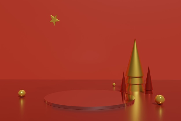 Rendering 3D di podio rosso e alberi di Natale a cono dorato e una stella su uno sfondo rosso tradizionale