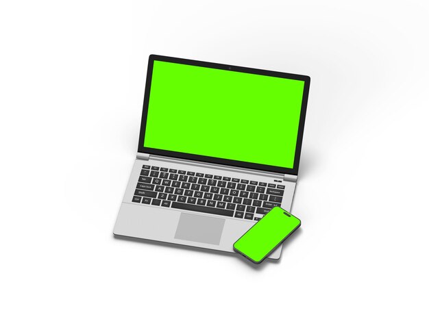 Rendering 3D di portatile e telefono con schermo verde su uno sfondo chiaro