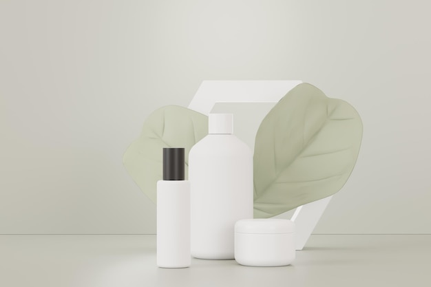 Rendering 3D di prodotti cosmetici vuoti per la cura della pelle o imballaggi per mock up. Sapone di bellezza e concetto di spa. Lozione olio idratante per la salute della pelle. Design premium e di lusso per il branding.
