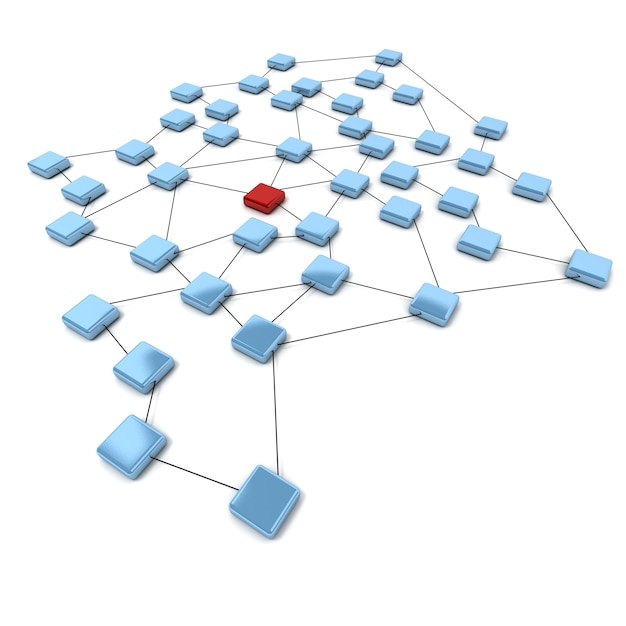 Rendering 3D di quadrati blu e uno rosso collegati da linee nere