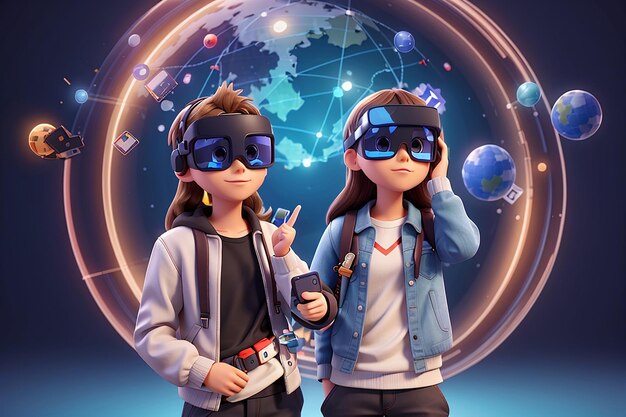 Rendering 3D di ragazzo e ragazza con occhiali VR metaverse e concetto di icona globale della tecnologia online