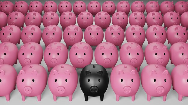 Rendering 3D di salvadanaio nero in giro con maiale rosa Concetto aziendale e finanziario