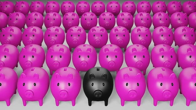 Rendering 3D di salvadanaio nero in giro con maiale rosa Concetto aziendale e finanziario
