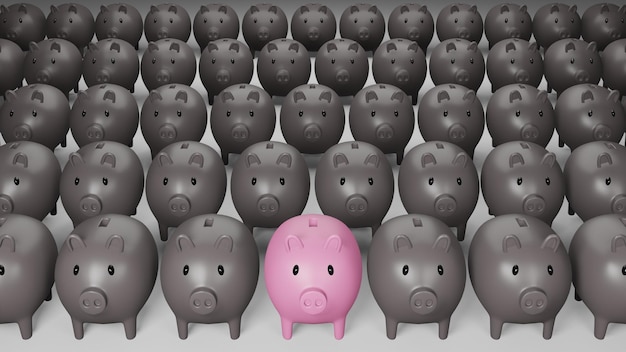 Rendering 3D di salvadanaio rosa in giro con maiale nero Concetto aziendale e finanziario