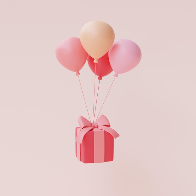 Rendering 3d di scatola regalo rosa con palloncini galleggianti isolati su sfondo pastello, concetto di vendita di San Valentino, stile minimal.