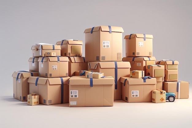 Rendering 3d di scatole di consegna di pacchi online isolate su sfondo bianco