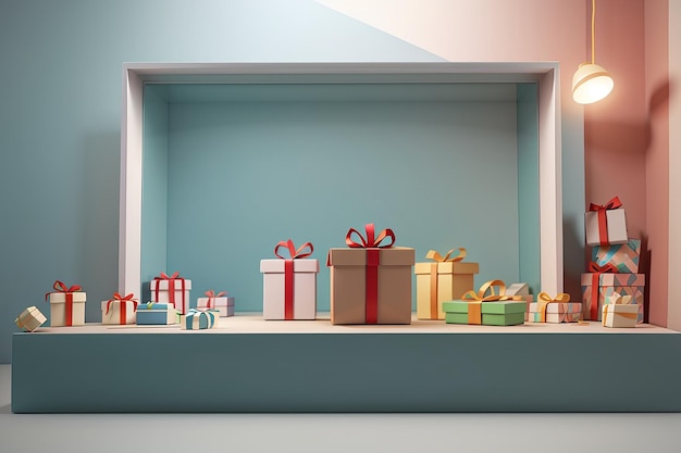 Rendering 3D di scatole regalo e finestra galleggiante concetto minimo