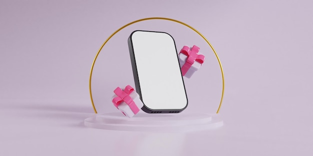 Rendering 3d di scatole regalo e telefoni con schermo bianco