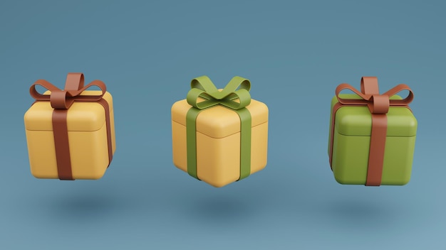 Rendering 3D di scatole regalo minime con fiocco a nastro pastello su sfondo colorato