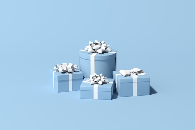 Rendering 3D di scatole regalo su sfondo blu.