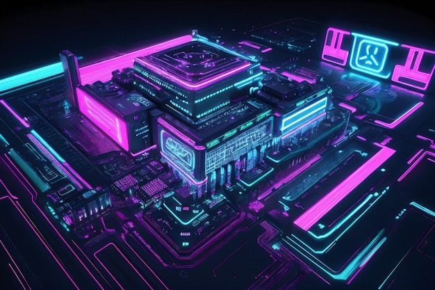 Rendering 3D di scheda a circuiti con luci al neon blu e rosa