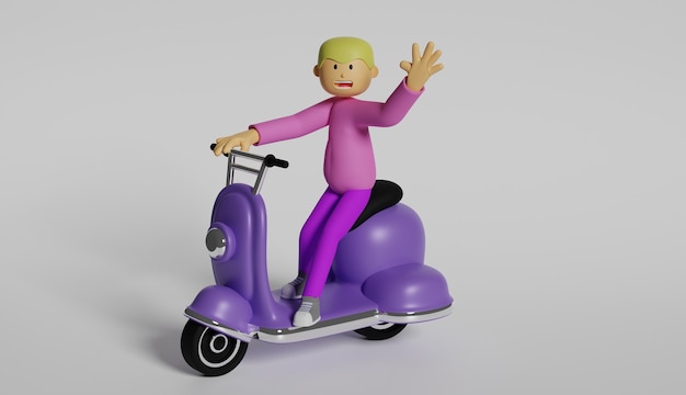 rendering 3D di scooter viola con persona che saluta