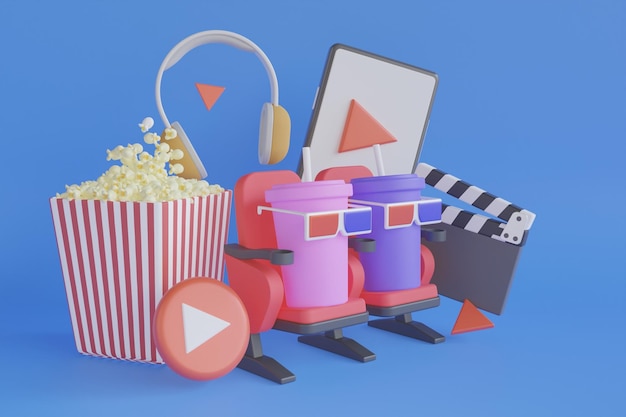 Rendering 3D di sedia da cinema rossa con popcorn, assicella e bobina. Sedia da cinema Bibite e popcorn